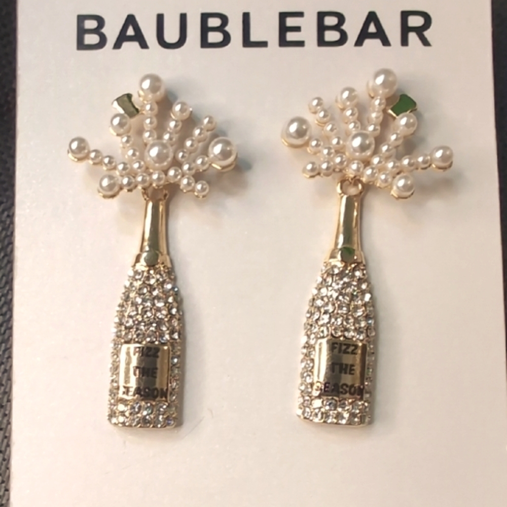 New....Baublebar "Fizz the Season" Pearl Snowflake Champagne Drop Earrings.